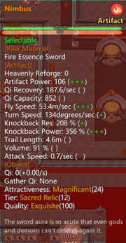 Screenshot of the in-game description of the Nimbus artifact obtained from interacting with the Sword Pillar in the camping map Purple Cloud Palace