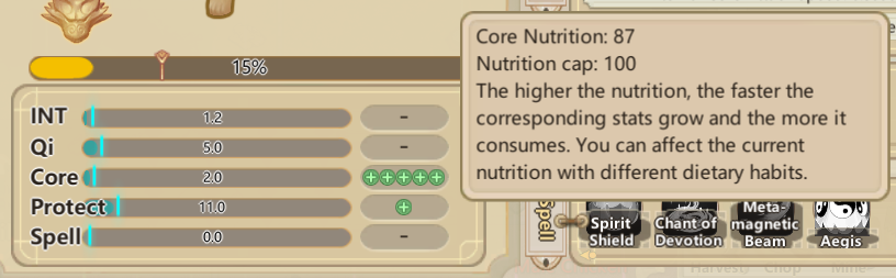 Screenshot of the pet panel highlighting the Core Nutrition value