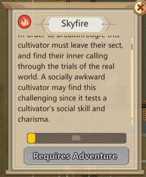 Screenshot of the Adventure Breakthrough Window showing an explanatory text and completion progress bar in %, with a "Requires Adventure" button underneath