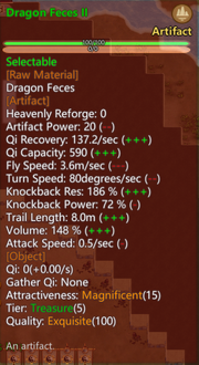 Screenshot of the text description and stats of the artifact "Dragon Feces II"