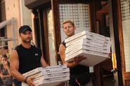 Jaymes & James delivering pizzas on the final leg.