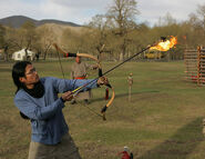 Erwin performs the flaming arrow Roadblock in Gachuurt, Mongolia.