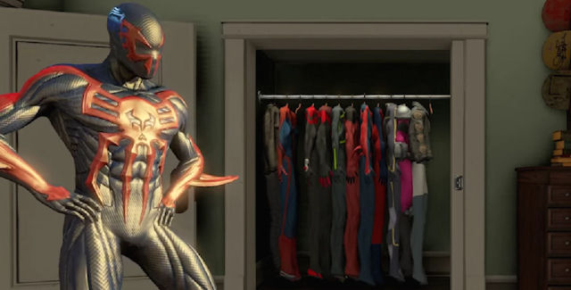 The spider-man mark 2 suit but the gold on the suit is replaced with chrome  blue and the spider symbol on the chest is replaced with the spider-man  2099 logo but the