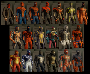 All 13 unlockable costumes (Top and middle row) and all 6 downloadable costumes (Bottom row).
