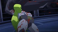 Green Ghost turns tangible to grab Darkwing's corpse