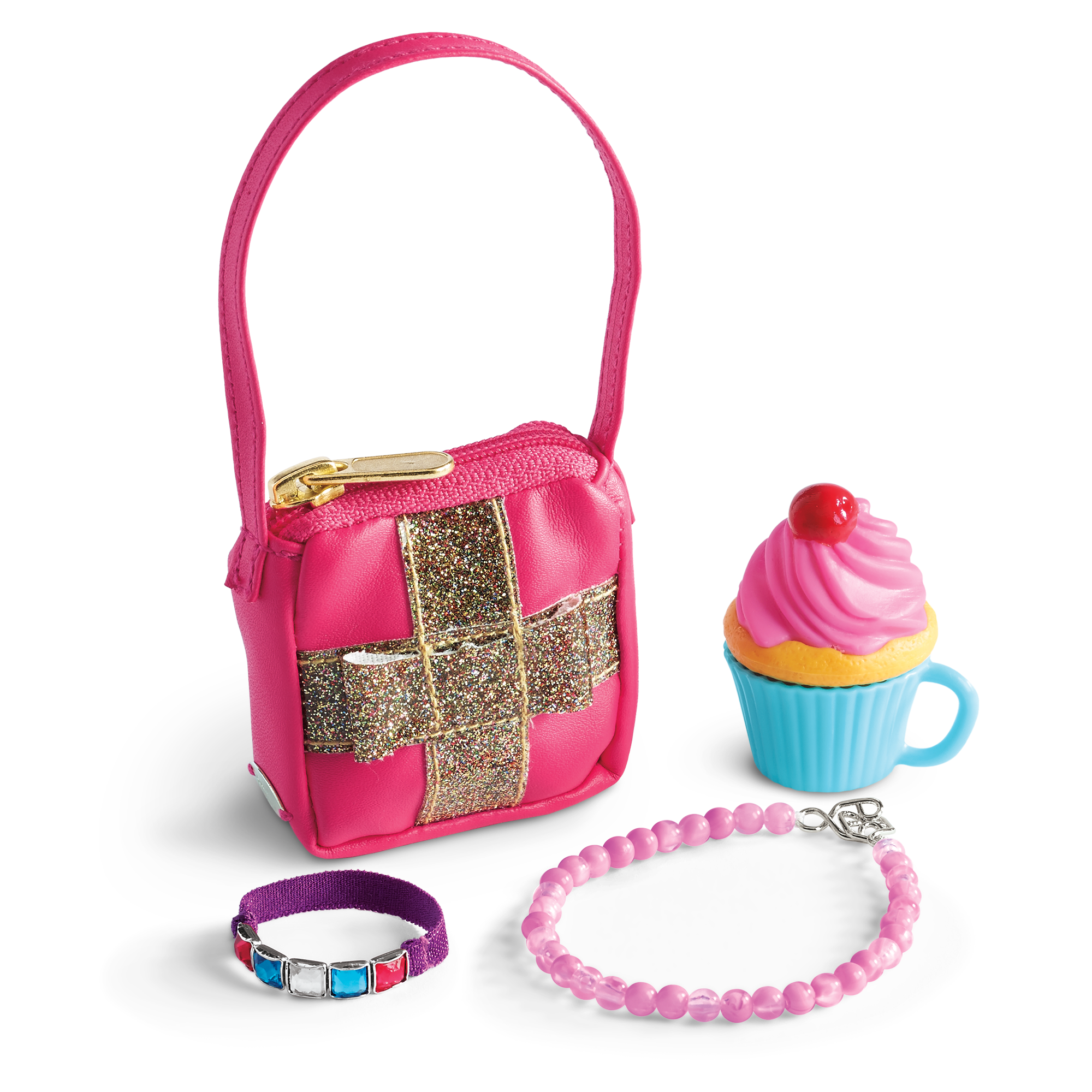 AMERICAN GIRL LET'S CELEBRATE ACCESSORIES 4 DOLL PURSE BRACELET CUPCAKE NECKLACE 