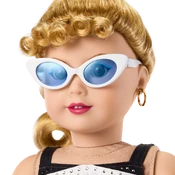 Details of face and sunglasses.
