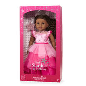Unique packaging for the American Girl 2024 Pink Stardust Holiday Dolls.