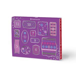 Purple box with holiday decorations printed on it. Numbered tabs can be pushed open to reveal small gift items for dolls for each day leading up to Christmas.