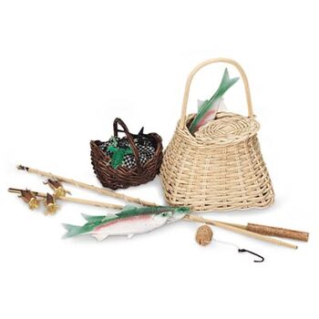 Woman fishing with a traditional woven basket, wooden fishing