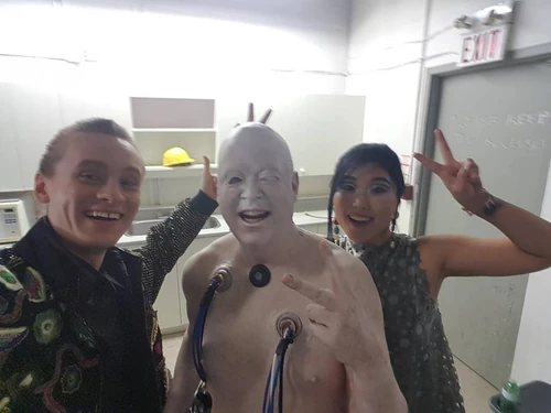 Christian Lloyd in makeup, alongside Bruce Langley and Kahyun Kim
