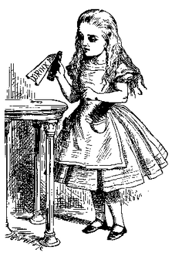 Alice peering at the Drink Me bottle, from 'Alice's Adventures in