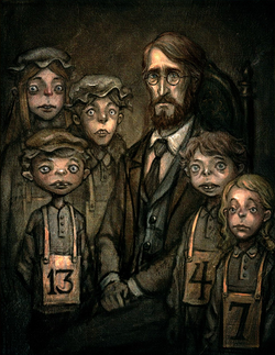 Portrait of Bumby with the orphans in Houndsditch