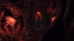 A chamber in the palace covered in flesh.