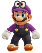 Mario con la gorra y el traje de Waluigi equipado.