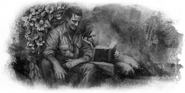 Salim sitting by Tasi, as she lies next to him reading a book.