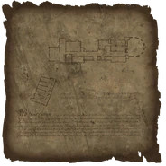 A sketch, with annotations, of the interior floor plan of a part of Brennenburg Castle, with a layout not precisely corresponding to any particular playable space, but most resembling the Rainy Hall in which Daniel finds himself after his bout of amnesia.