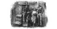 Eva seated with an open book, stoically holding her husband Lukas' hand, in one of Tasi's crew sketches.