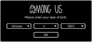 The screen prompting the player to enter their date of birth, shown when launching the game for the first time.