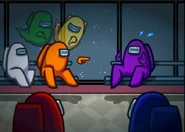 Orange accusing Purple with Green and Yellow nearby as ghosts, as seen in How To Play.