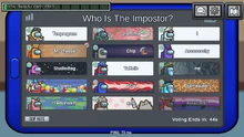 The voting screen, where the players can discuss who The Impostor is and vote for the person whom they consider suspicious.