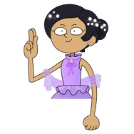 Marcy in a purple dress while trying bug appetizers in the Marcy Theme Song Takeover.