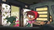 Anne and Sprig trying to stop Ned's food truck.