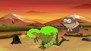 Mrs. Crocker and Archie fighting a .