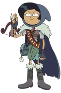 Marcy in her Newtopian wear, including her handbag and crossbow, with a band of stinkshrooms, in "Marcy at the Gates".