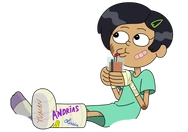 Marcy in a hospital gown with a cast on her broken left leg in the Marcy Theme Song Takeover.