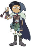 Marcy with her cloak's hood on, handbag and crossbow on her right hand in "Marcy at the Gates" and "Scavenger Hunt".