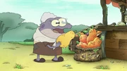 Mrs. Croaker about to take with her a pumpkin.