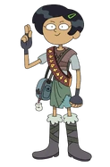 Marcy in her Newtopian armor (no cloak) with her handbag and a band of stinkshrooms in "Marcy at the Gates".