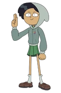 Marcy in her Saint James Middle School uniform with her grey jacket and hood up in "Marcy at the Gates".