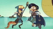 Marcy and a newt high fiving after taking down a cobra.