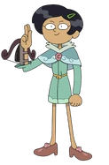 Marcy in a green dress with her crossbow, holding a stinger in "The Dinner".