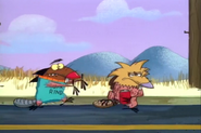 Daggett wearing a pork rind bag around him and Norbert holding up a soda can in front of himself
