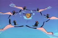 Norbert and the sheep in an aquatic ballet sequence