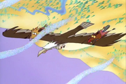 Norbert and Daggett riding on the eagle
