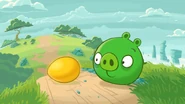 The golden egg revealed again after the pig accidentally blew the mustache off.