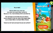 Screenshot of Angry Birds Space following its delisting, with a pop-up announcing that it is no longer supported by Rovio.