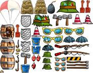 The Unused Egg Bomb Power-Up sprites. (The Parachute is next to the destroyed Sandcastle and the Egg Bomb to the normal Sandcastle)