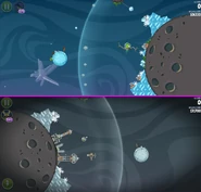 The Space King Pig's Claw, the moving asteroids and most TNT and boulders from the planets give place, in Mirror Worlds, to towers on the planet and two pigs in the air.