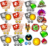 Power Ups, Mighty League stuff, currency, and Red button