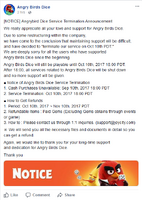 A message on Angry Birds Dice Facebook page