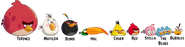 Size comparison of the flock (in their toons style) from biggest to smallest: Terence, Matilda, Bomb, Hal, Chuck, Red, Stella, The Blues, Bubbles.