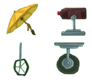 Cinematic version of yellow umbrella, black soda, medium metal wheel, and small metal wheel