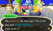 Roberto voyant que le joueur lui a rapporté trois plumes violettes