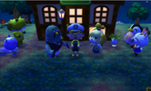 Mayor, Brewster, Isabelle, and four villagers celebrate the opening of The Roost