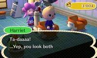 Harriet complimenting a player with his new hairstyle in New Leaf.